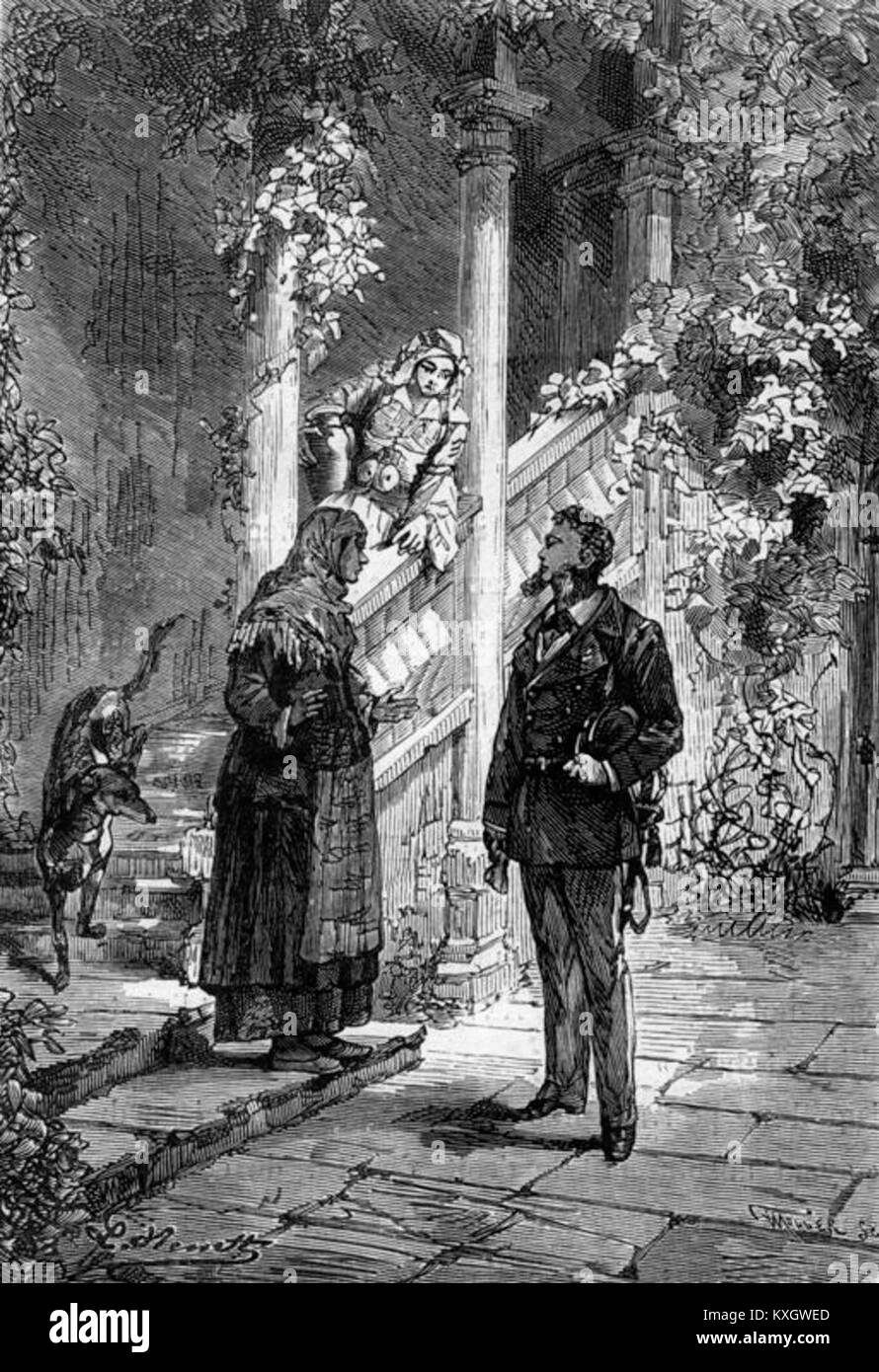 "L'arcipelago in fiamme" di Léon Benett illustra una drammatica scena marittima che raffigura un arcipelago inondato di fiamme. L'opera d'arte cattura movimento dinamico, fuoco ed elementi naturali, riflettendo lo stile di illustrazione dell'avventura del XIX secolo. Foto Stock