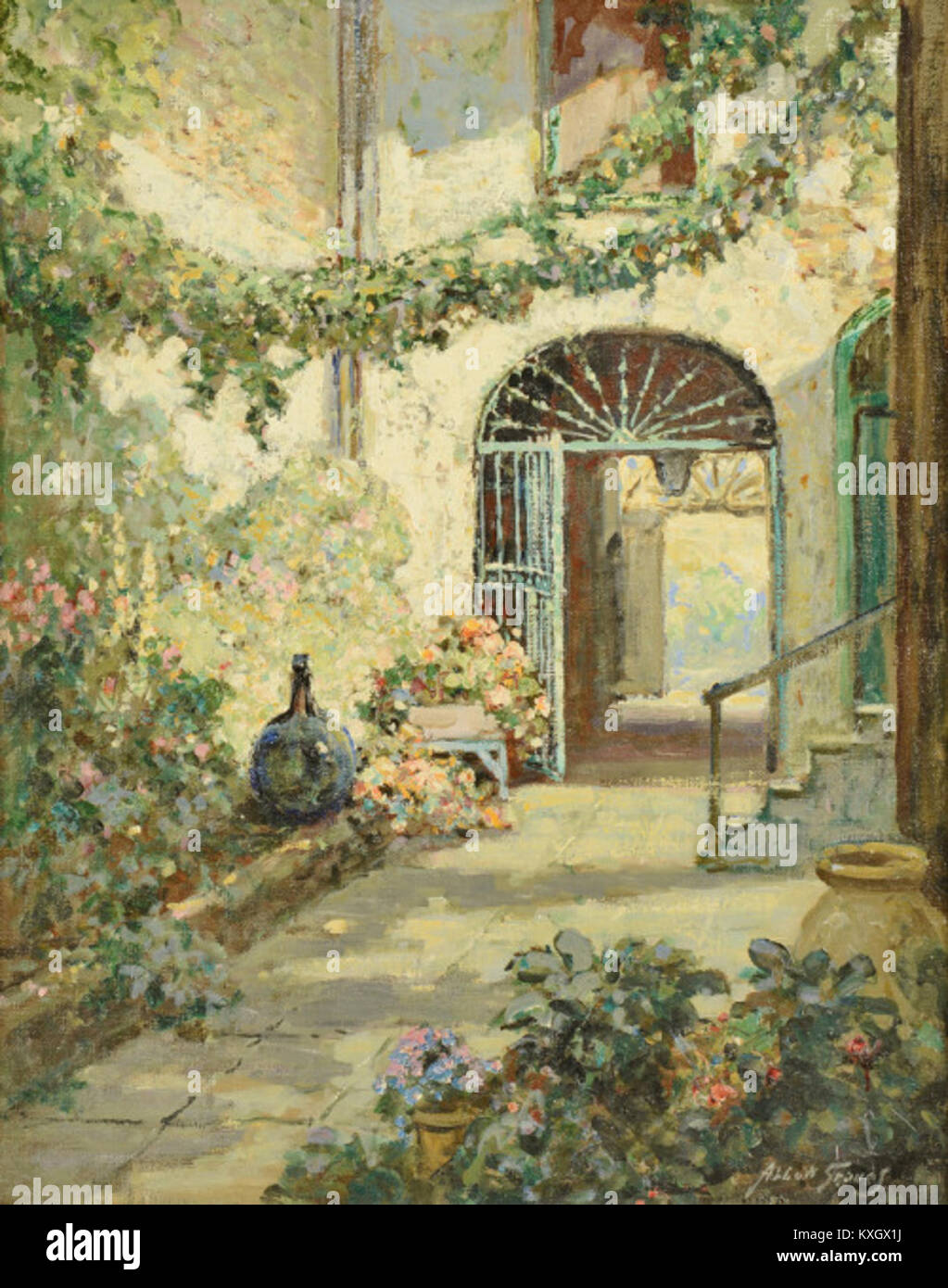 Dipinto di Abbott Fuller Graves del 1927-28 che raffigura il quartiere Vieux Carré di New Orleans, illustrando l'architettura urbana e le scene di strada. Foto Stock