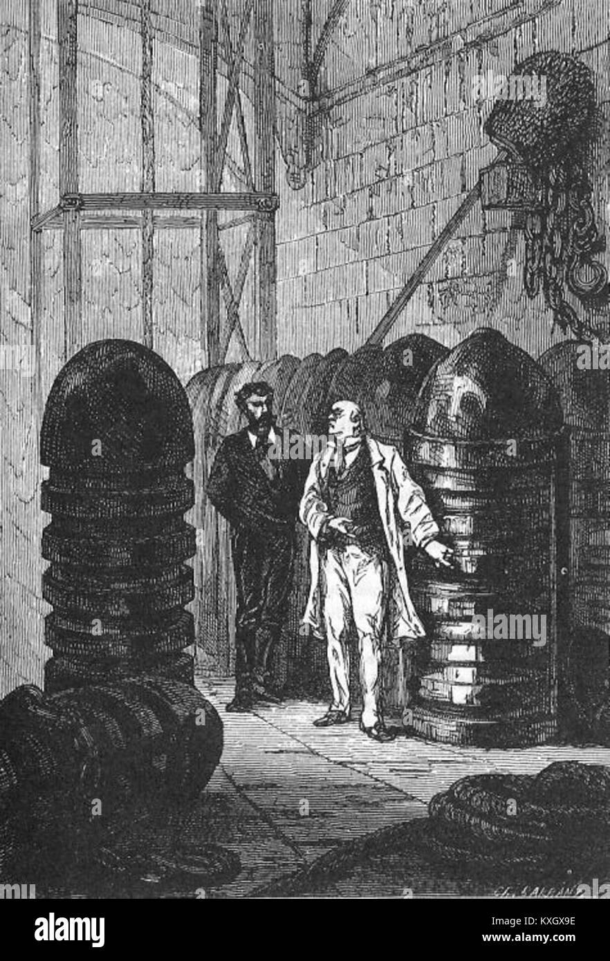 Illustrazione di Léon Benett per il romanzo di Jules Verne "la fortuna di Begum", che raffigura una scena dettagliata che riflette i temi della storia della scienza, della tecnologia e del contrasto sociale. Foto Stock