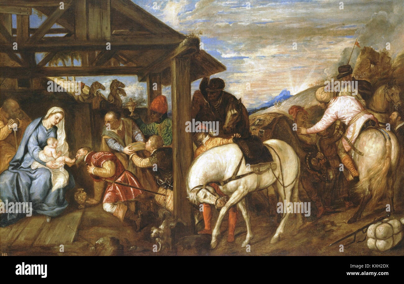Adoración de los Reyes Magos, de Tiziano (Museo del Prado) Foto Stock