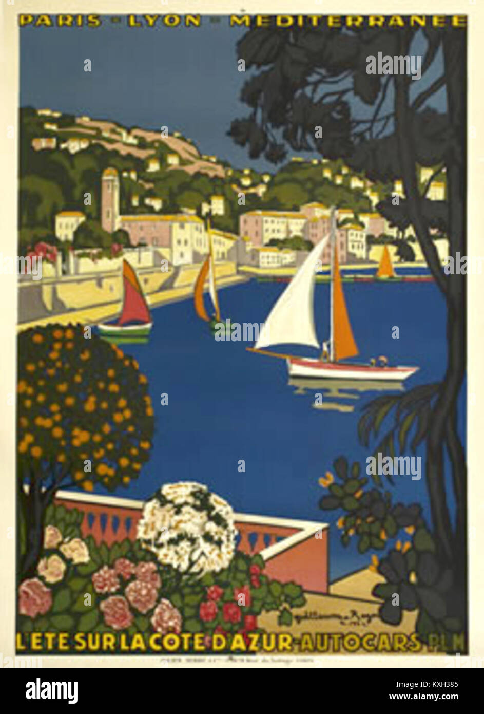 Un poster ferroviario vintage PLM (Parigi-Lione-Méditerranée) intitolato "l'été sur la Côte d'Azur", che promuove i viaggi in Costa Azzurra. Le opere d'arte evidenziano il paesaggio costiero, il tempo libero e il turismo sulla costa mediterranea durante i primi anni del XX secolo. Foto Stock