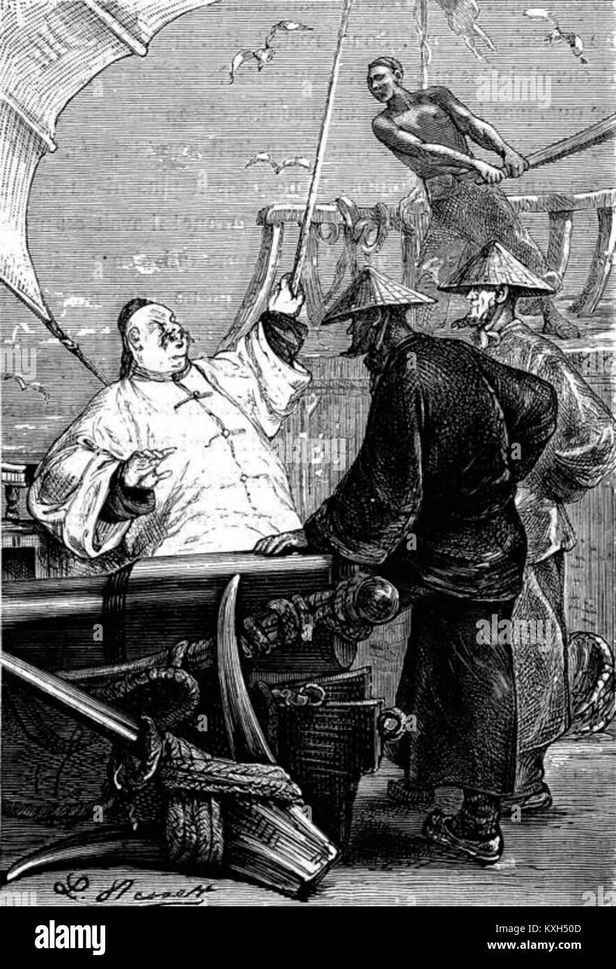 Un'illustrazione di Léon Benett da *Tribulations of a Chinaman in China*, un romanzo di Jules Verne. L'illustrazione narra visivamente i momenti chiave delle drammatiche avventure del protagonista cinese in una versione romanzata della Cina. Foto Stock