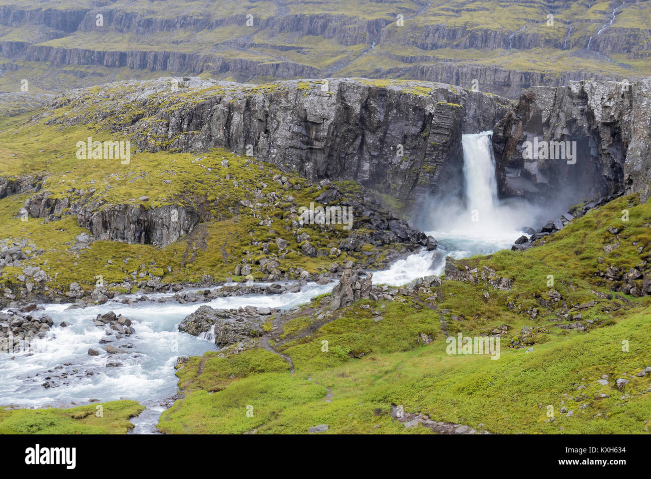 Paesaggio islandese, scenario con cascata fra le rocce Foto Stock