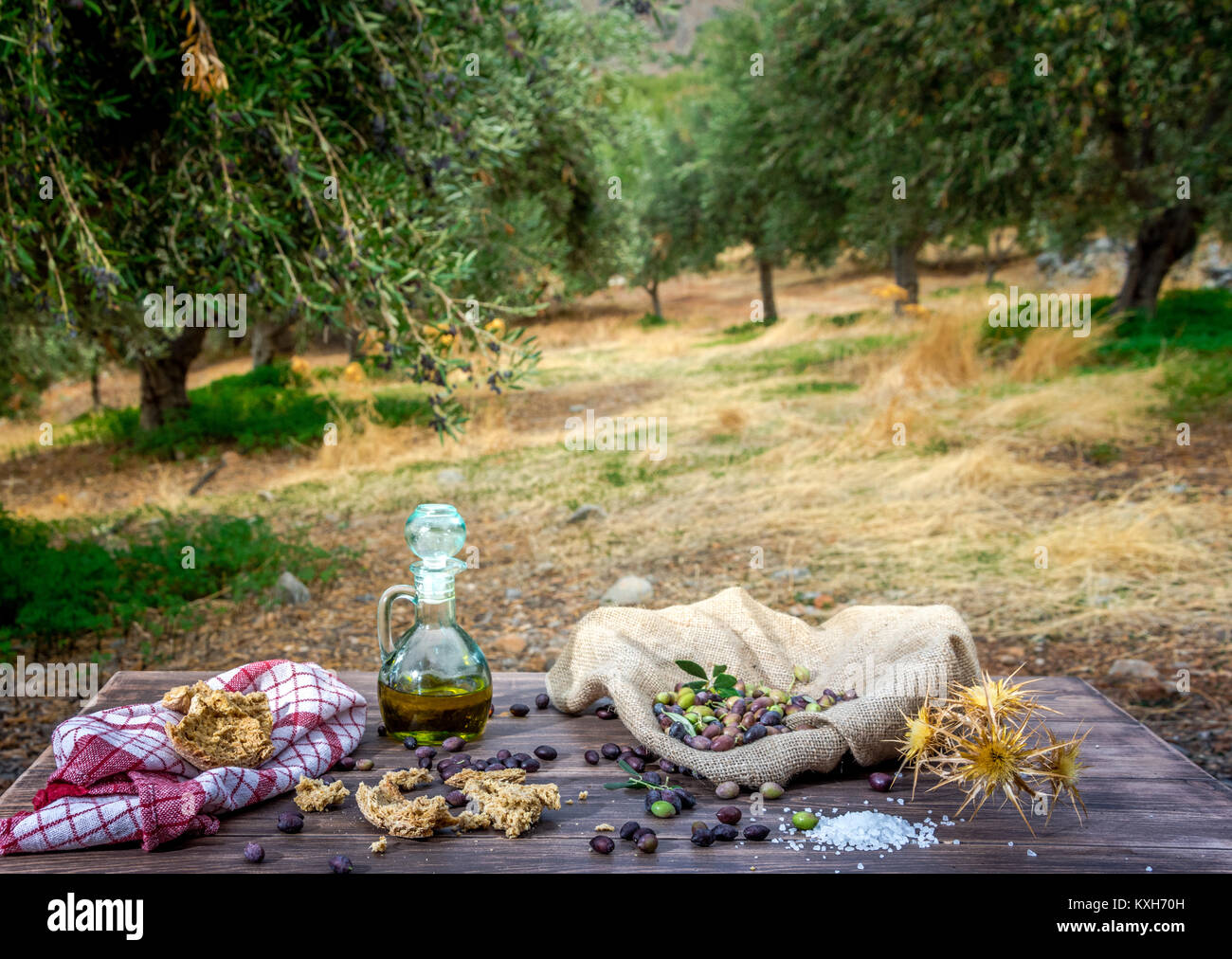 Ciotola con olio extra vergine di oliva, olive, un nuovo ramo di olivo e cretan rusk dakos vicino sul tavolo di legno e di Creta, Grecia. Foto Stock