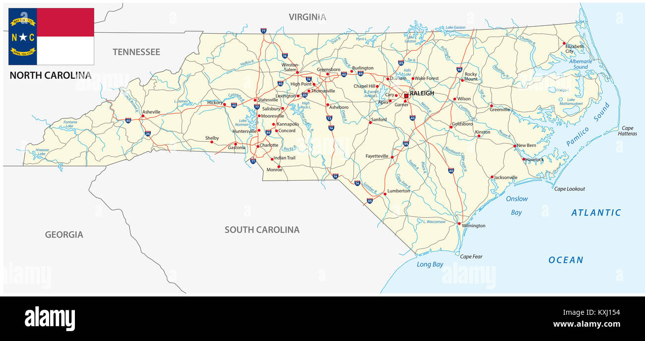 North Carolina vettore mappa stradale con bandiera Foto Stock