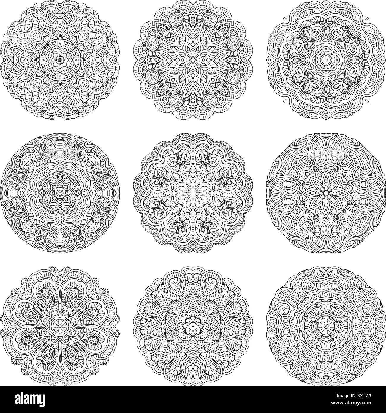 Vettore di fiori mandala set. Collrction del cerchio orientali schemi, illustrazioni di colorazione. L'Islam, turco, Pakistan, indiana, cinese, arabo, ottomani Illustrazione Vettoriale