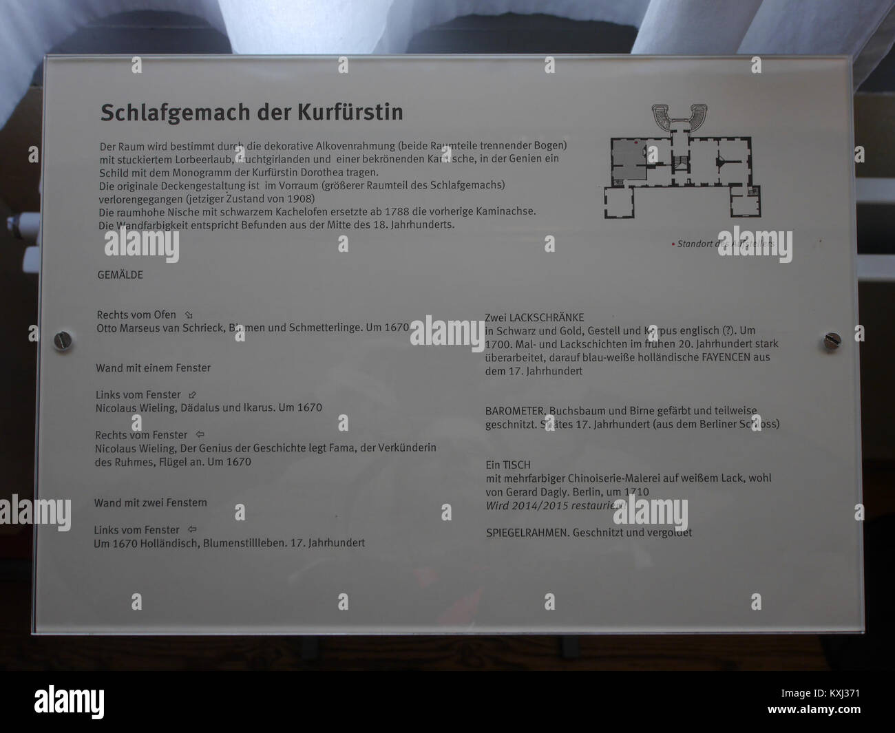 Espositore o pannello informativo situato all'interno di Palazzo Caputh, Germania, che illustra la presentazione del museo e la disposizione della mostra. Foto Stock