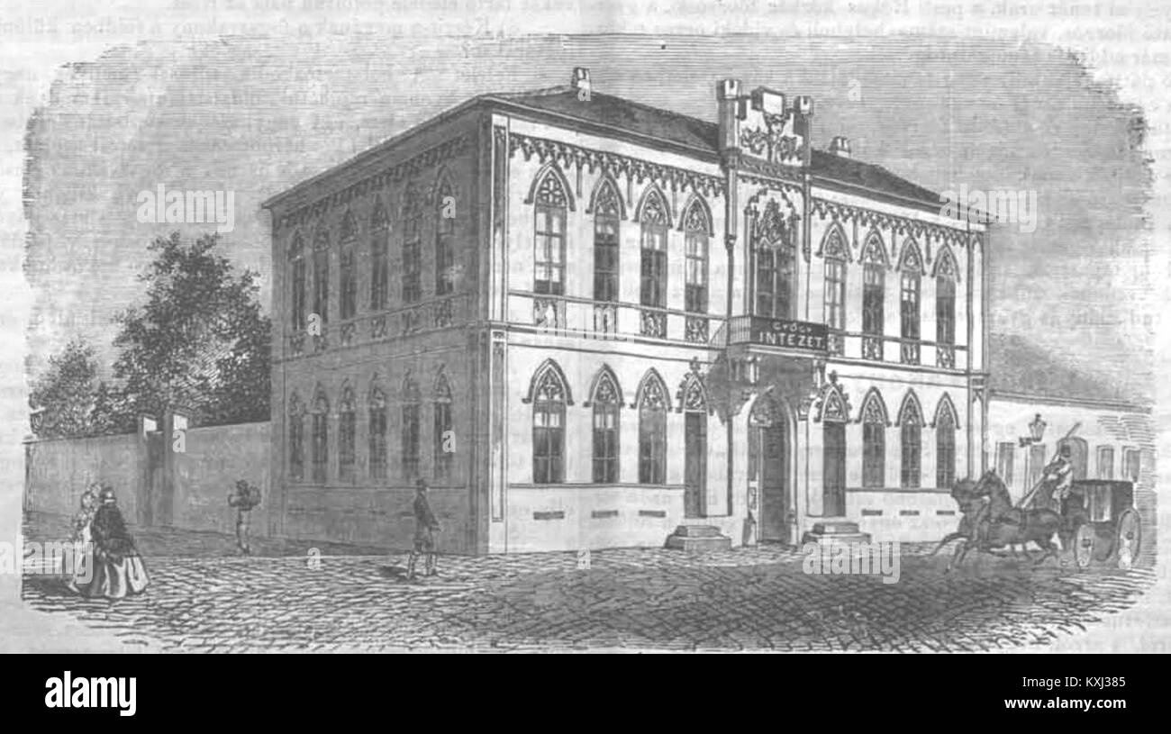 Riferimento storico all'ospedale privato di Batizfalvy situato in via Király a Pest, Budapest, Ungheria, che rappresenta l'infrastruttura medica del XIX secolo. Foto Stock