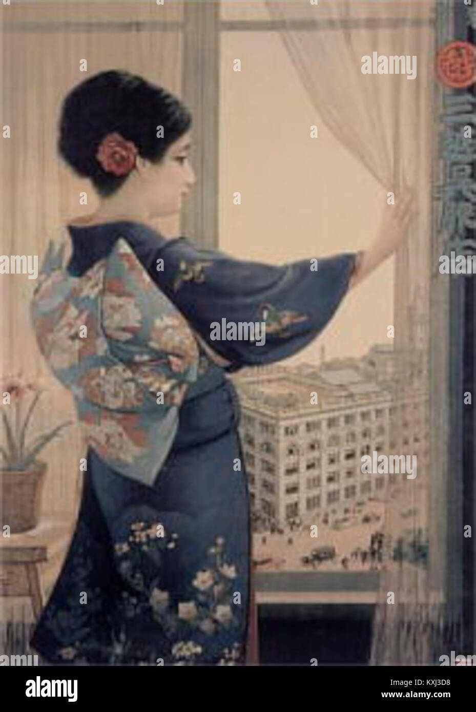 'At the Window' è un poster disegnato dall'artista giapponese Okada Saburosuke per Isetan Mitsukoshi. Le opere d'arte fondono l'estetica tradizionale giapponese con elementi di design moderni, riflettendo le transizioni artistiche dei primi anni del XX secolo in Giappone. Foto Stock
