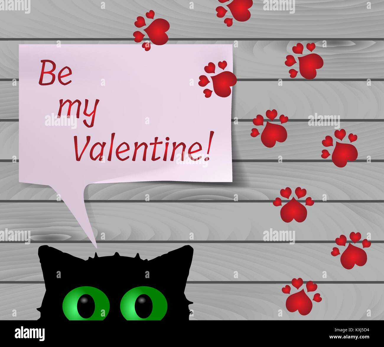 Divertente biglietto di auguri per il giorno di San Valentino, vettore banner con gatto nero e rosso paw stampe su grigio Sfondo di legno Illustrazione Vettoriale