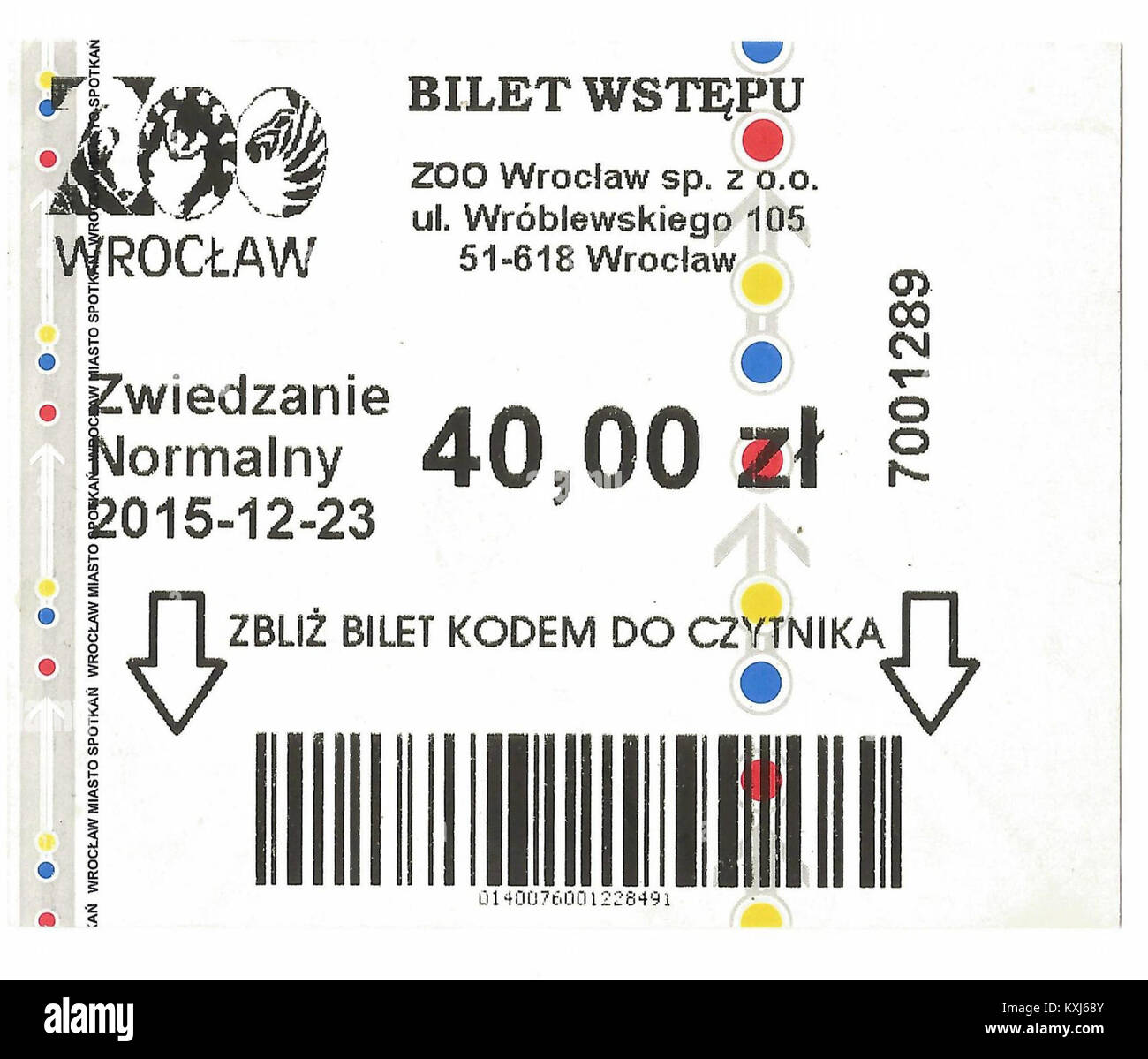Questa fotografia mostra un biglietto per lo zoo di Wrocław in Polonia, che mette in evidenza le pratiche di ingresso allo zoo e gli elementi di design utilizzati per i visitatori. Foto Stock