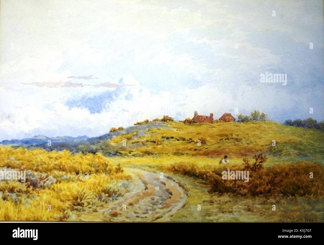 "A Surrey Common" (1904) di Lewis Pinhorn Wood è un dipinto di paesaggio inglese che raffigura un comune rurale nel Surrey con campi aperti, alberi e sentieri caratteristici delle scene pastorali edoardiane. Foto Stock