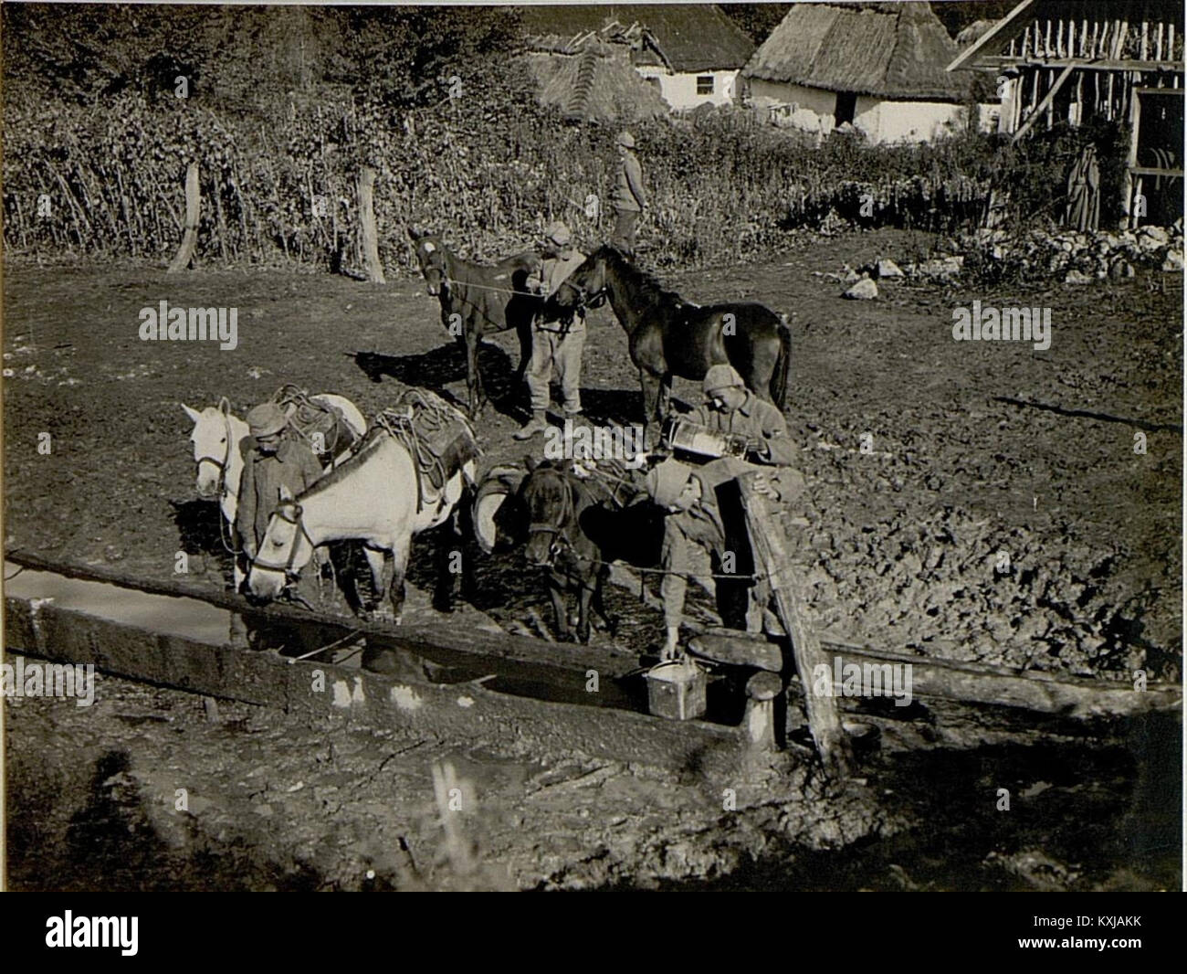Vista di un campo militare turco, che mostra tende, soldati e attività quotidiane del campo, documentando la vita militare storica. Foto Stock