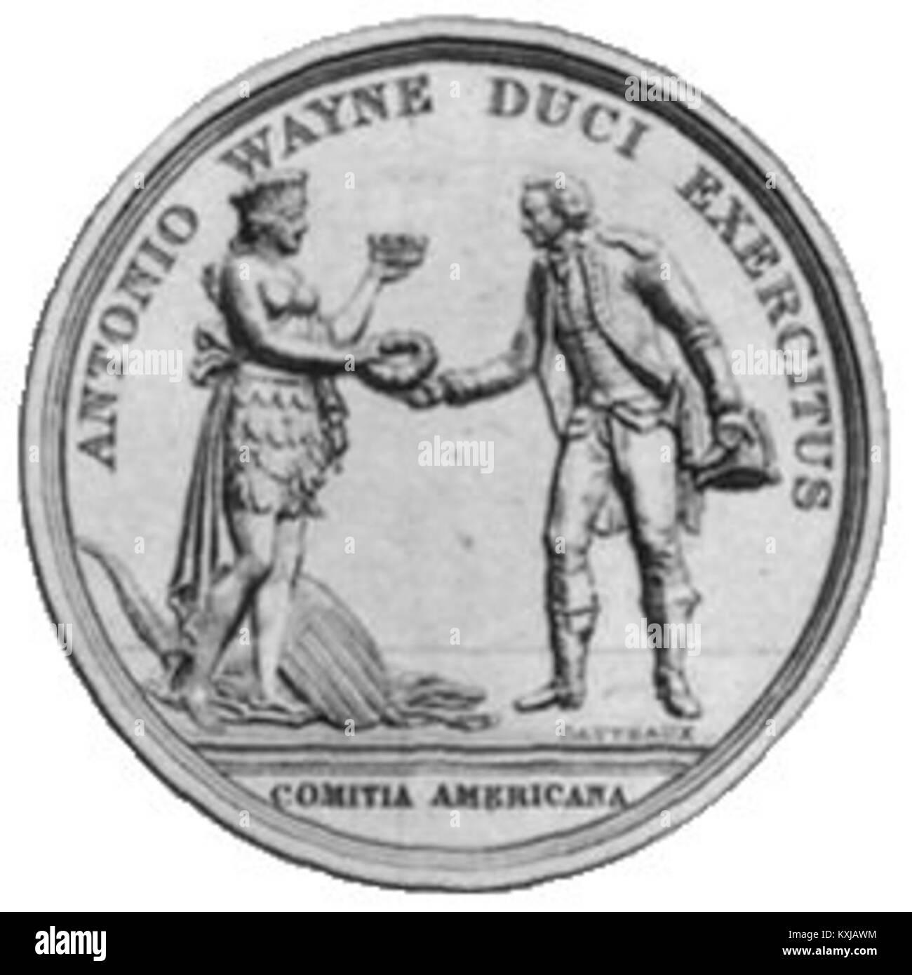 Questa immagine dettagliata mostra il lato anteriore della medaglia d'oro del Congresso assegnata al generale Anthony Wayne. La medaglia onora i suoi significativi contributi e la sua leadership durante la guerra di indipendenza americana, riconoscendo i suoi successi militari e il patriottismo. Foto Stock