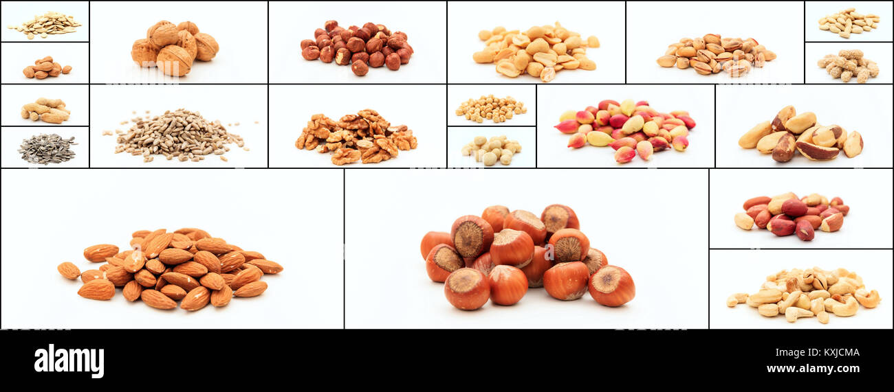 Varietà di dadi su sfondo bianco collage Foto Stock