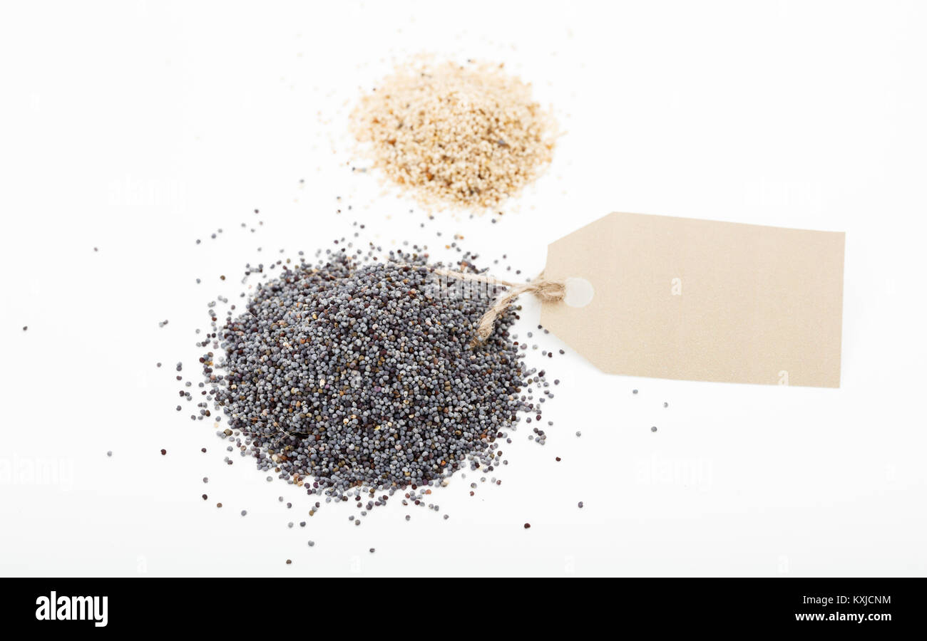 Il bianco e il nero di semi di papavero su sfondo bianco Foto Stock