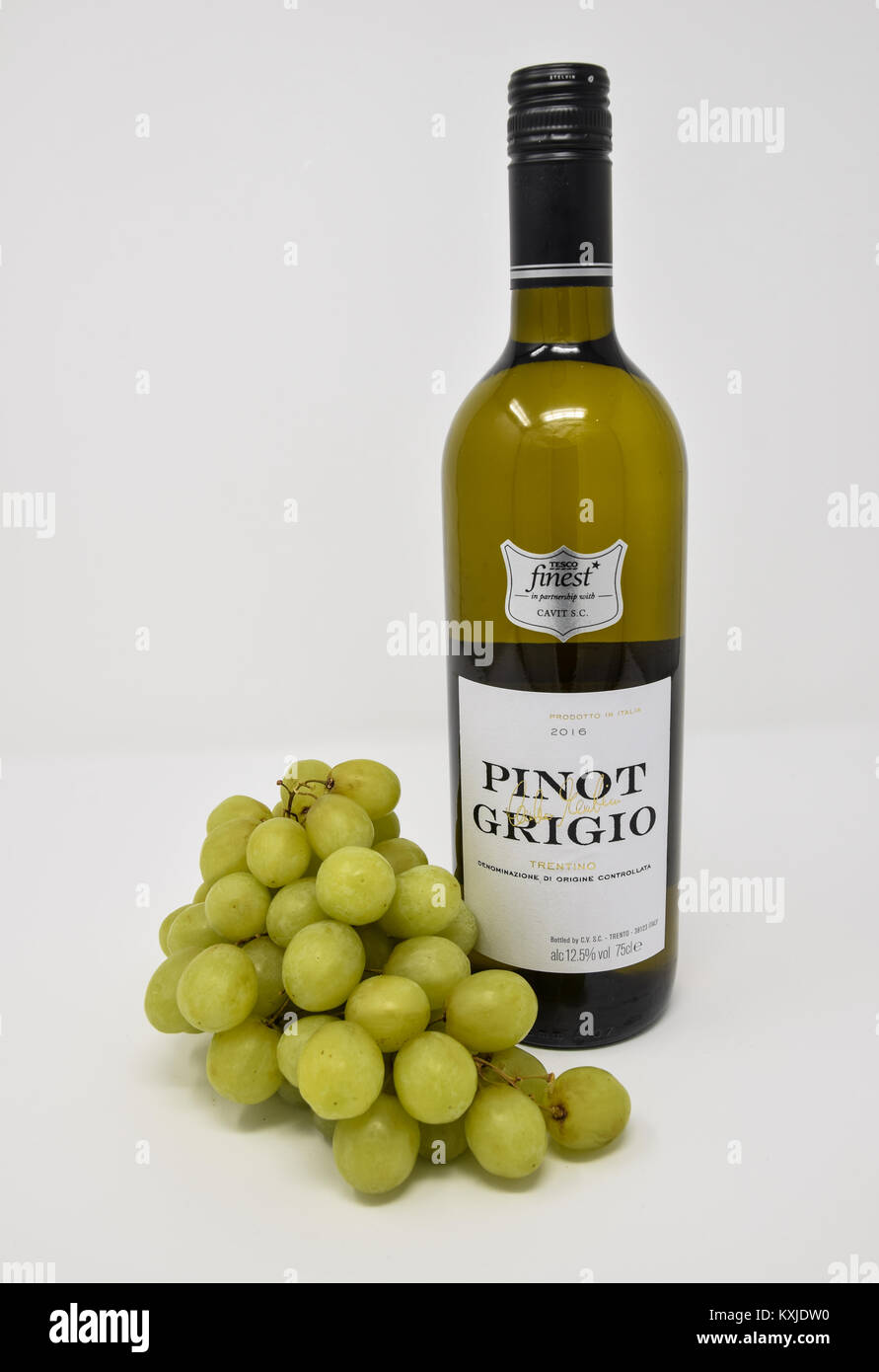 Reading, Regno Unito - 31 dicembre 2017: una bottiglia di Tesco migliori Pinot Grigio vino bianco a fianco di un grappolo di uva Foto Stock