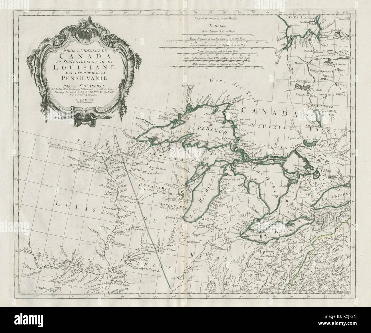 "Partie Occidentale du Canada…' Grandi Laghi Midwest. SANTINI/D'ANVILLE 1784 mappa Foto Stock