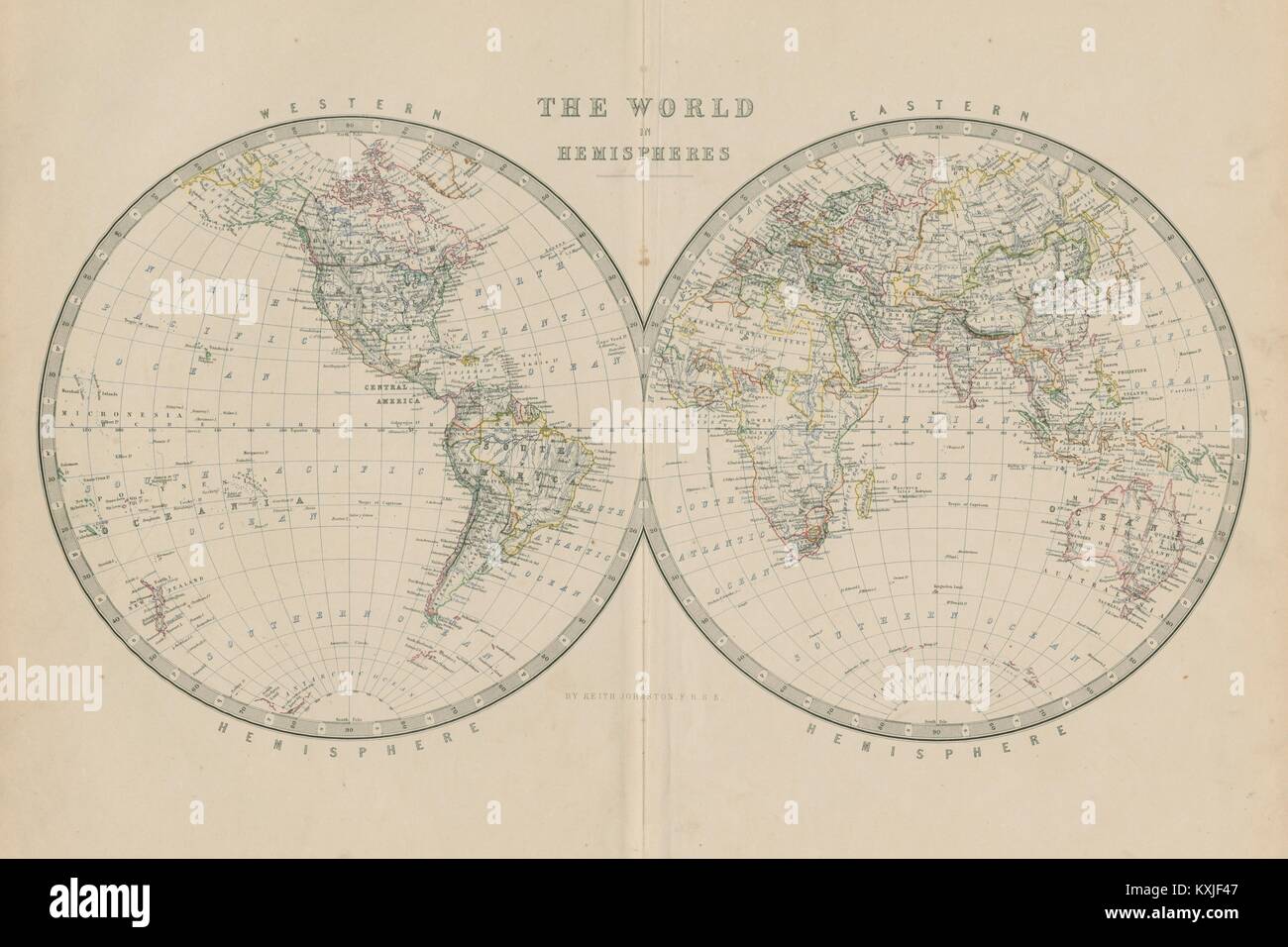 Il mondo in due emisferi 50x60cm. JOHNSTON 1879 antica mappa grafico Foto Stock