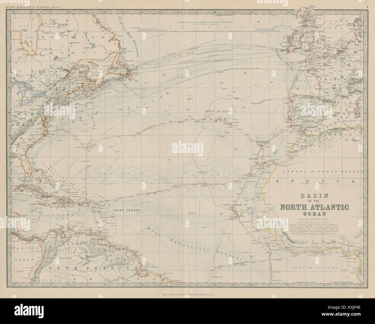 Oceano Atlantico settentrionale. Spedizione Challenger Telegraphs 50x60cm JOHNSTON 1879 mappa Foto Stock