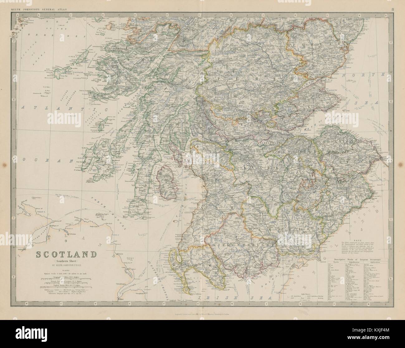 La Scozia meridionale (foglio) 50x60cm. JOHNSTON 1879 antica mappa grafico del piano Foto Stock