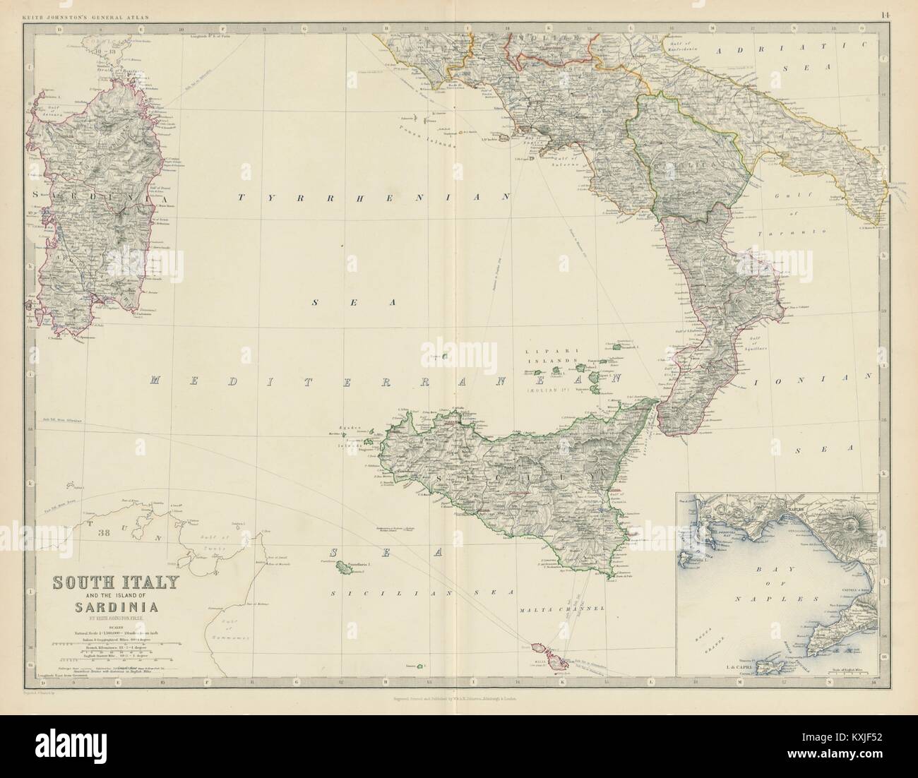 Sud Italia e Sardegna. Baia di Napoli. Grande 50x60cm. JOHNSTON 1879 mappa vecchia Foto Stock