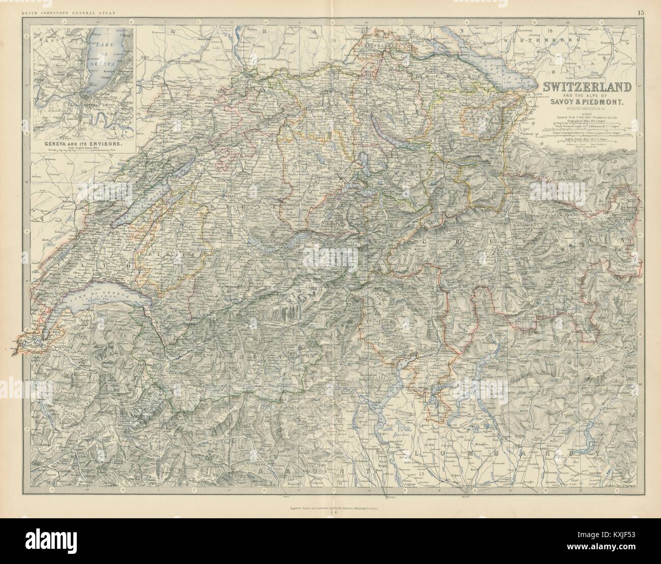 La Svizzera. Savoie & Alpi piemontesi. Laghi italiani. 50x60cm. JOHNSTON 1879 mappa Foto Stock