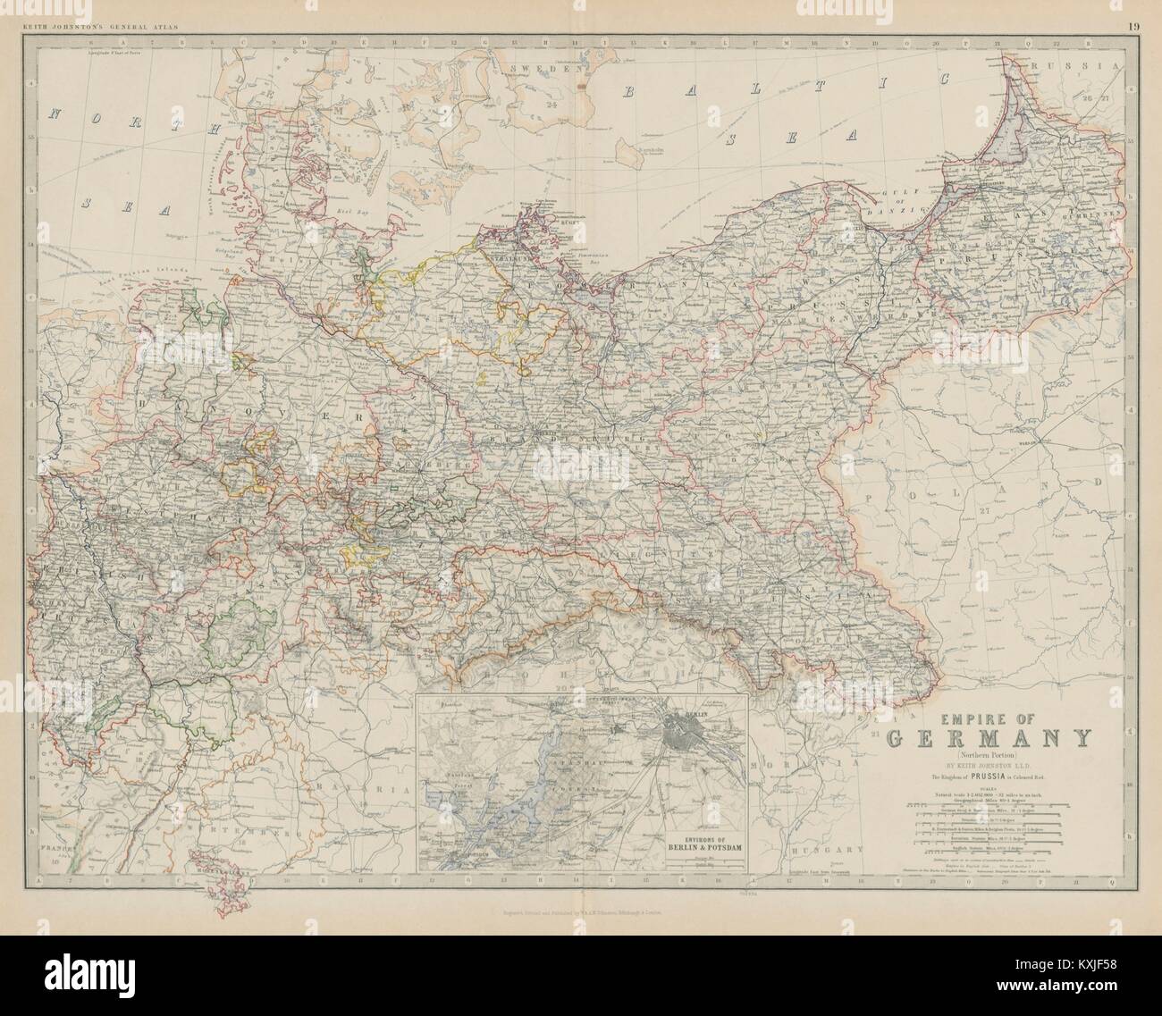 Impero di Germania (Nord). Dintorni di Berlino. La Prussia. 50x60cm. JOHNSTON 1879 mappa Foto Stock