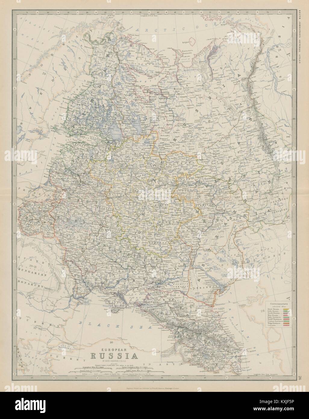 Russia europea. Caucaso Stati Baltici Ucraina 50x60cm. JOHNSTON 1879 mappa vecchia Foto Stock