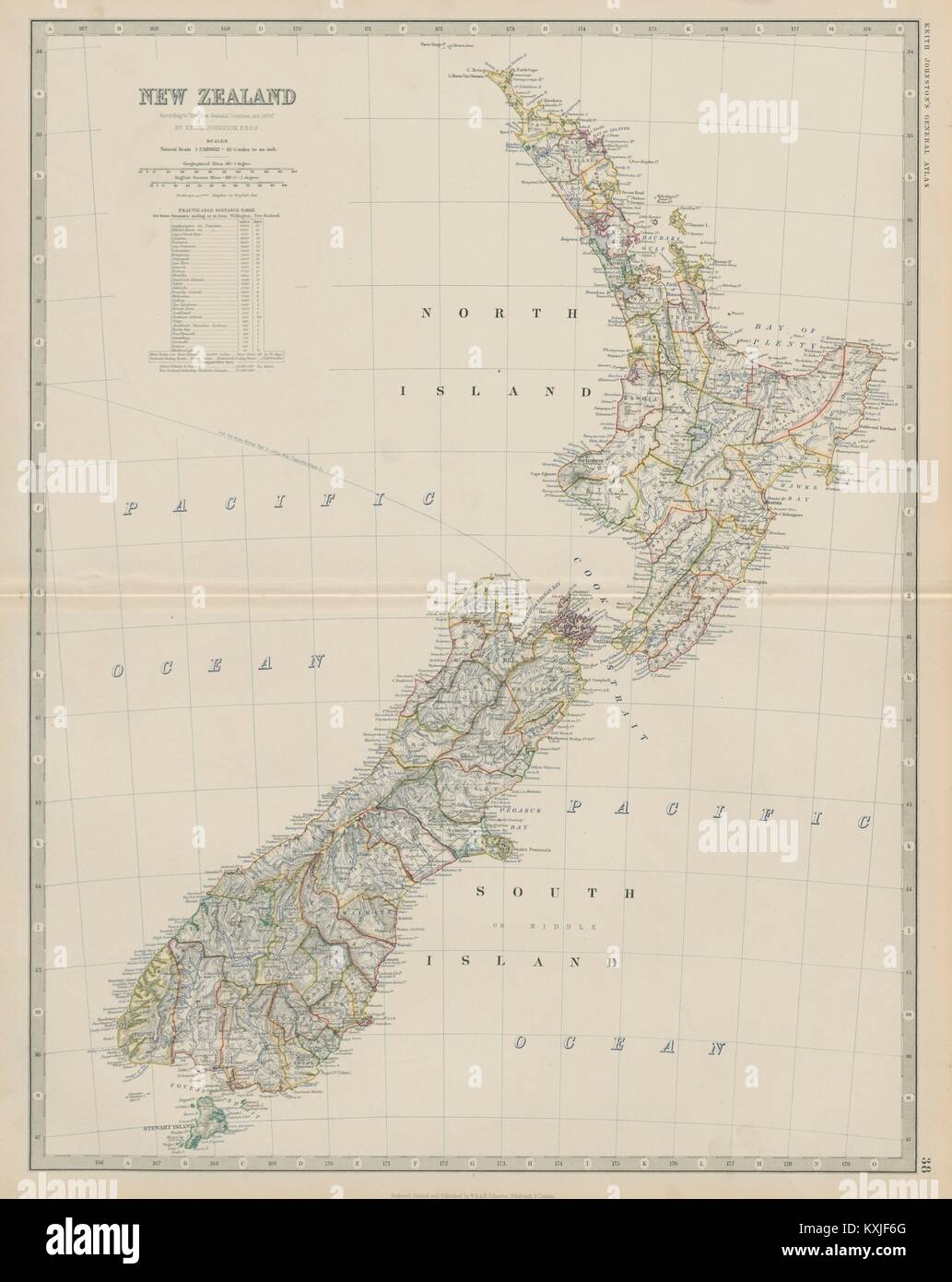 Nuova Zelanda mostra contee. Grande 50x60cm. JOHNSTON 1879 antica mappa Foto Stock