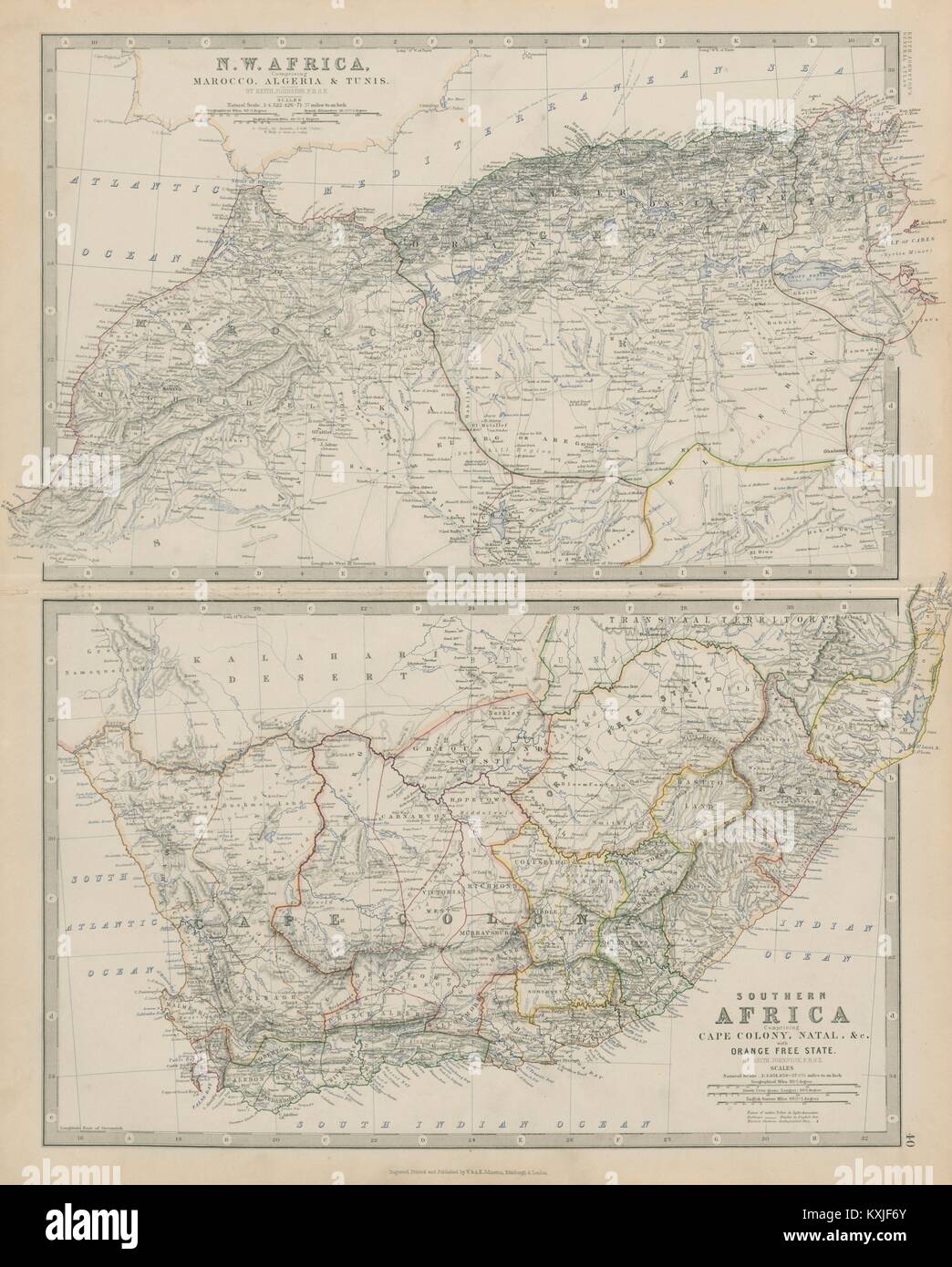 NW Africa Marocco Algeria Sud Africa Cape Colony 50x60cm JOHNSTON 1879 mappa Foto Stock