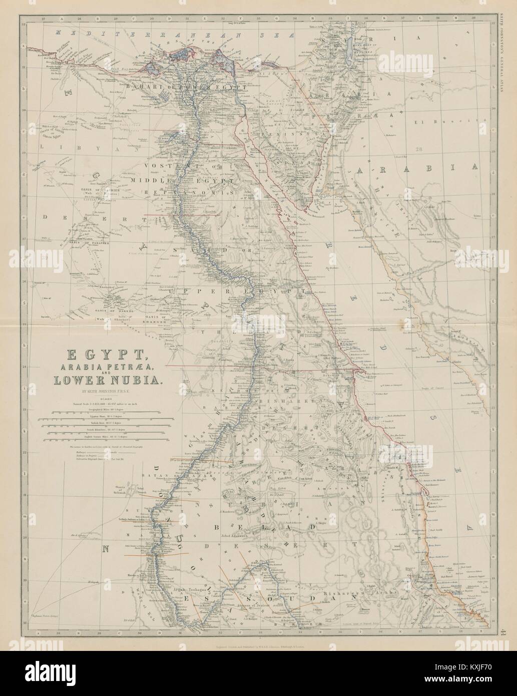 Egitto, Arabia Petraea & Nubia Inferiore. Valle del Nilo. 50x60cm. JOHNSTON 1879 mappa Foto Stock