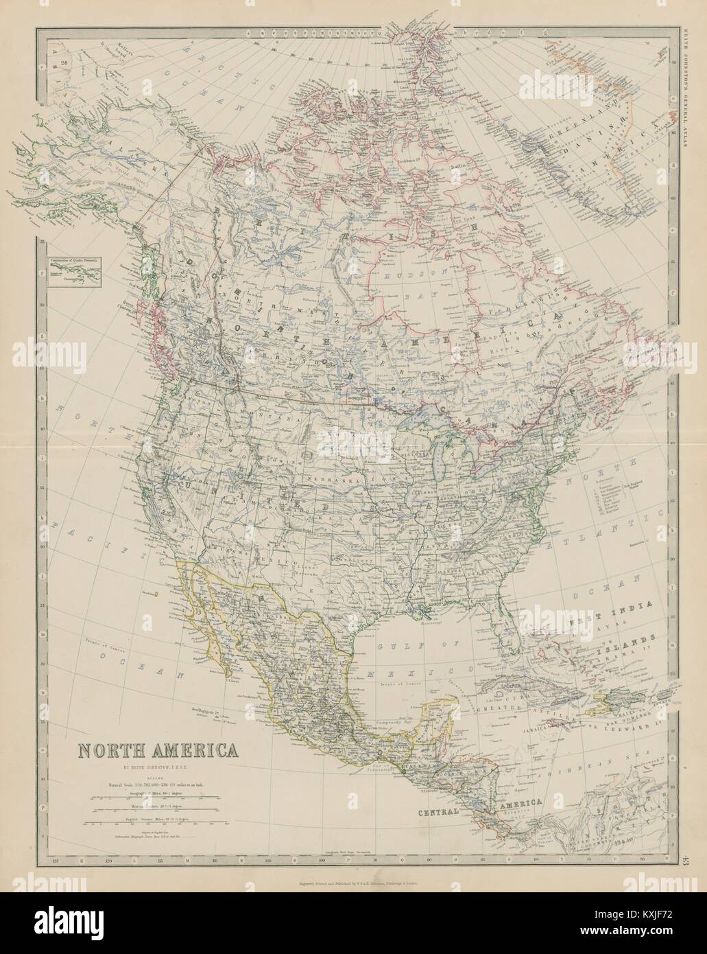 America del nord. Stati Uniti America danese Groenlandia 50x60cm. JOHNSTON 1879 mappa Foto Stock