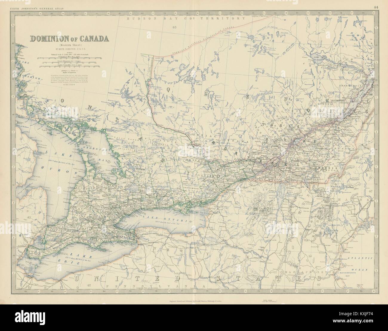 Dominio del Canada (Ovest). Ontario Quebec. 50x60cm. JOHNSTON 1879 mappa vecchia Foto Stock