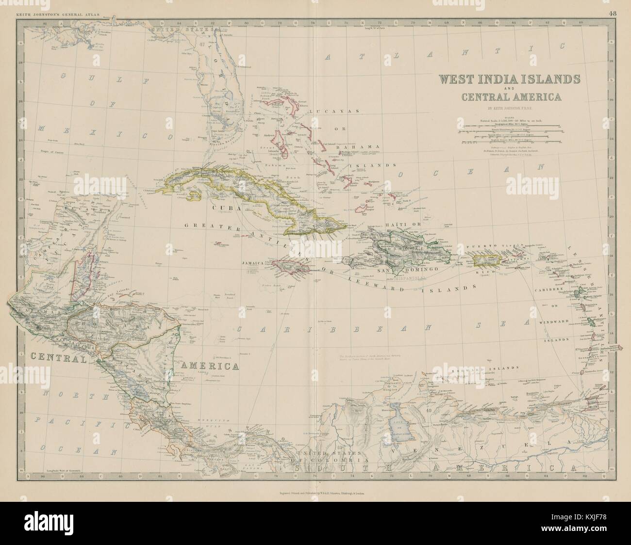 West India Isole & America centrale. Caraibi. 50x60cm. JOHNSTON 1879 mappa Foto Stock