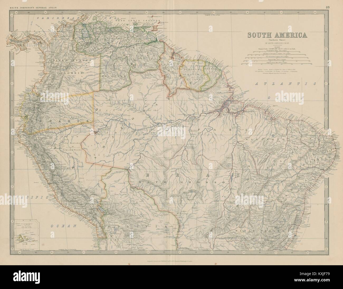 Sud America (Nord). Brasile Colombia Perù &c. 50x60cm. JOHNSTON 1879 mappa vecchia Foto Stock