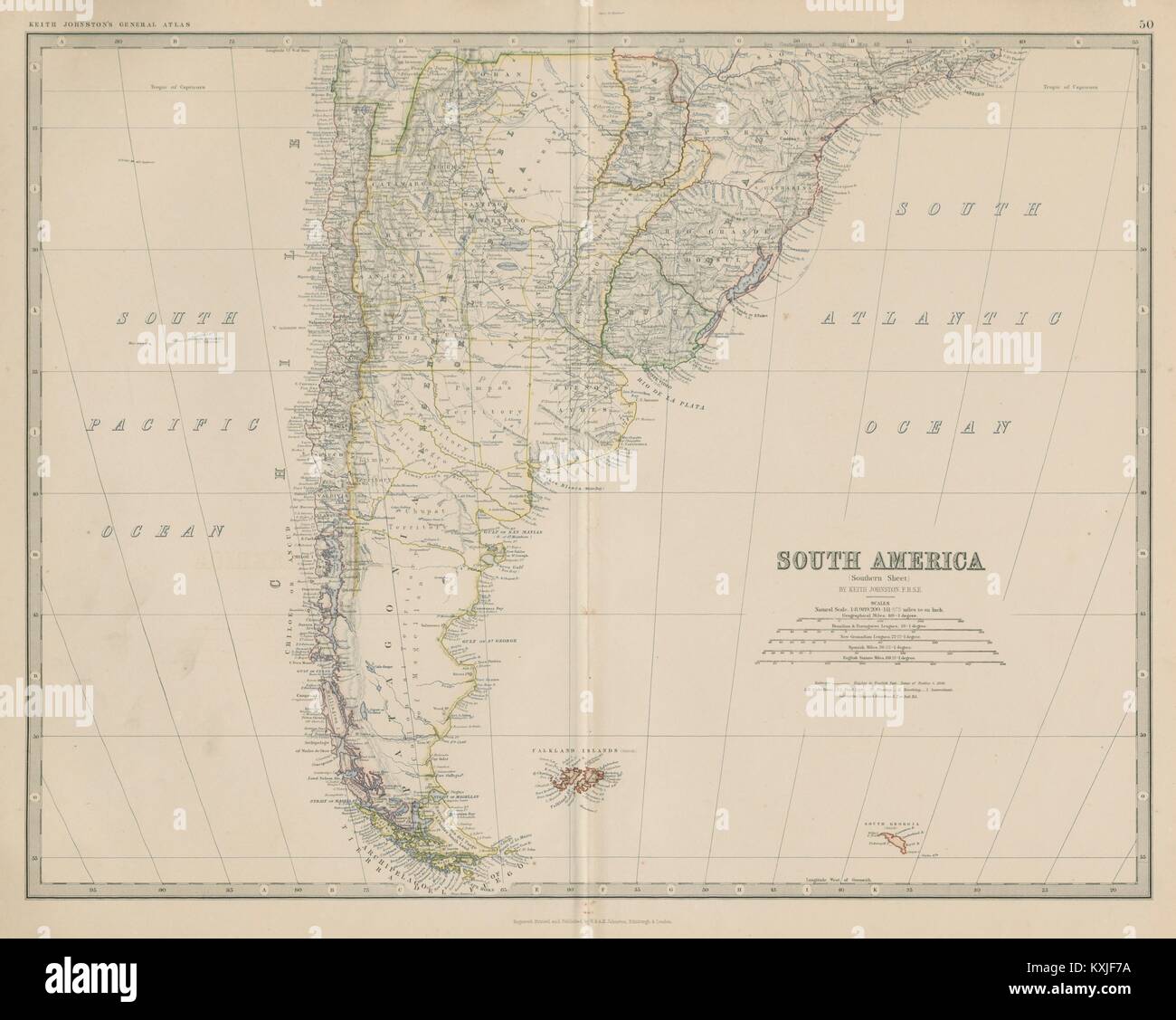 Sud America (Sud). Argentina Cile Uruguay. 50x60cm. JOHNSTON 1879 mappa vecchia Foto Stock