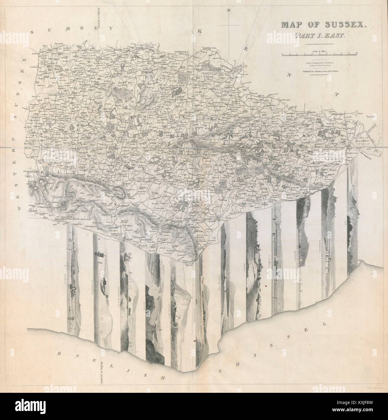 East Sussex antique county map w/ costiero/città panorama vignette BR DAVIES 1834 Foto Stock