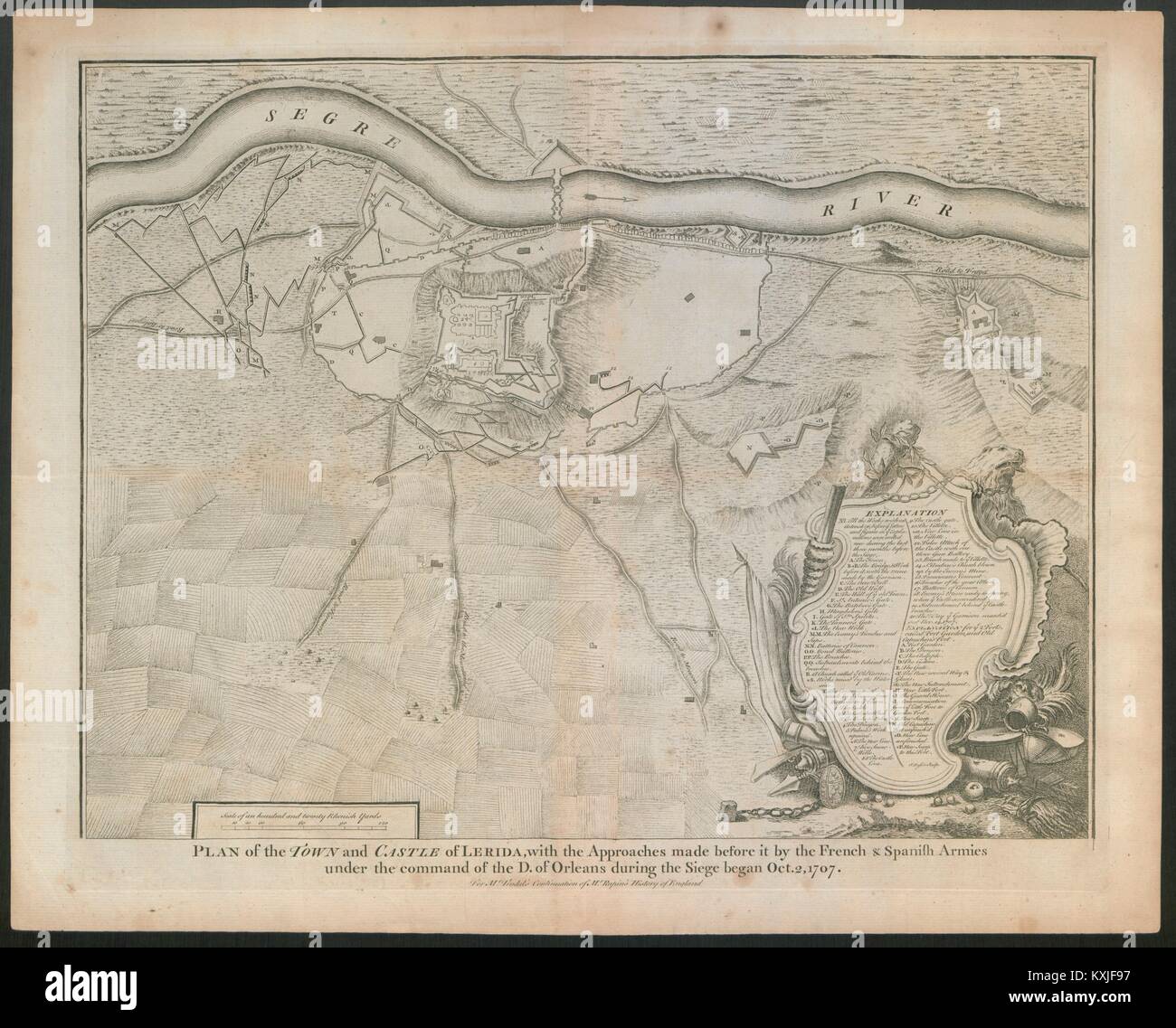 " Il piano della città e del castello di Lerida". 1707 assedio. Lleida. BASIRE c1747 mappa Foto Stock