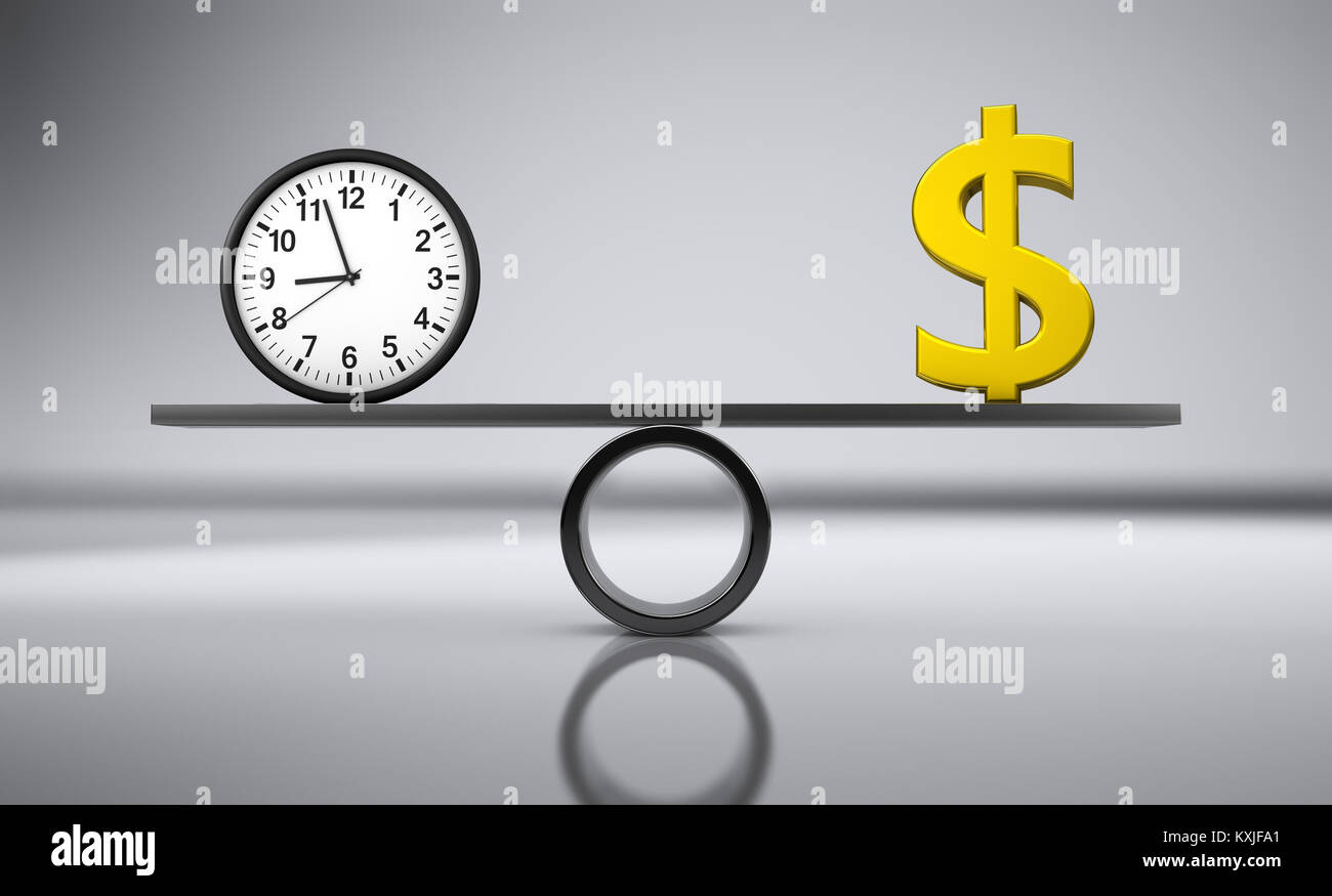 Tempo e denaro il concetto di equilibrio con orologio e golden dollar sign in equilibrio su un bordo in metallo 3D'illustrazione. Foto Stock