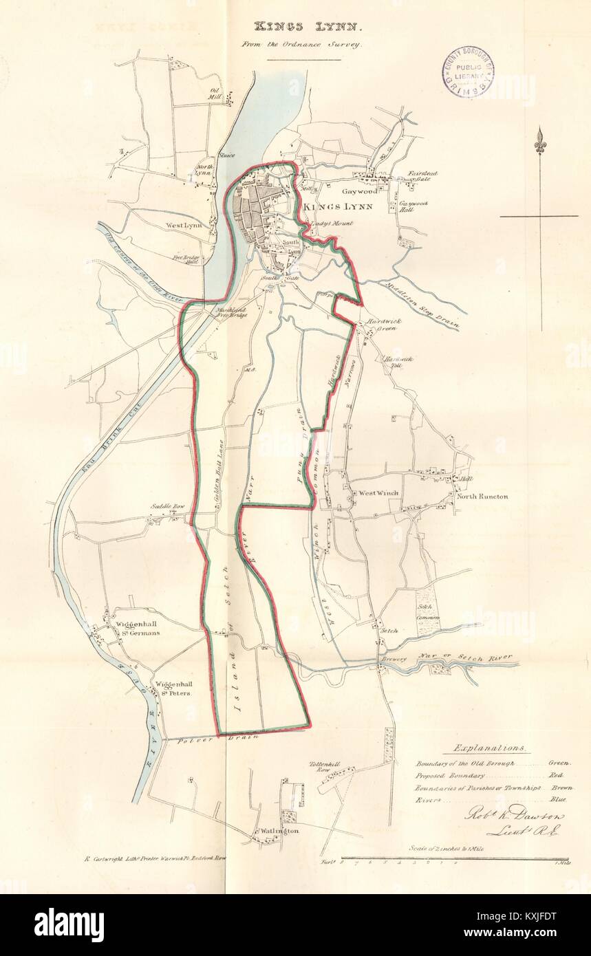 KINGS LYNN borough/piano urbanistico. REFORM ACT. Norfolk. DAWSON 1832 antica mappa Foto Stock