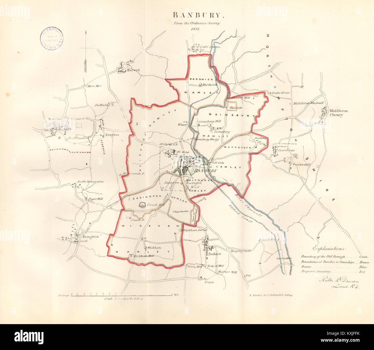 BANBURY town/piano di Borough. REFORM ACT. Wroxton. Oxfordshire. DAWSON 1832 mappa Foto Stock