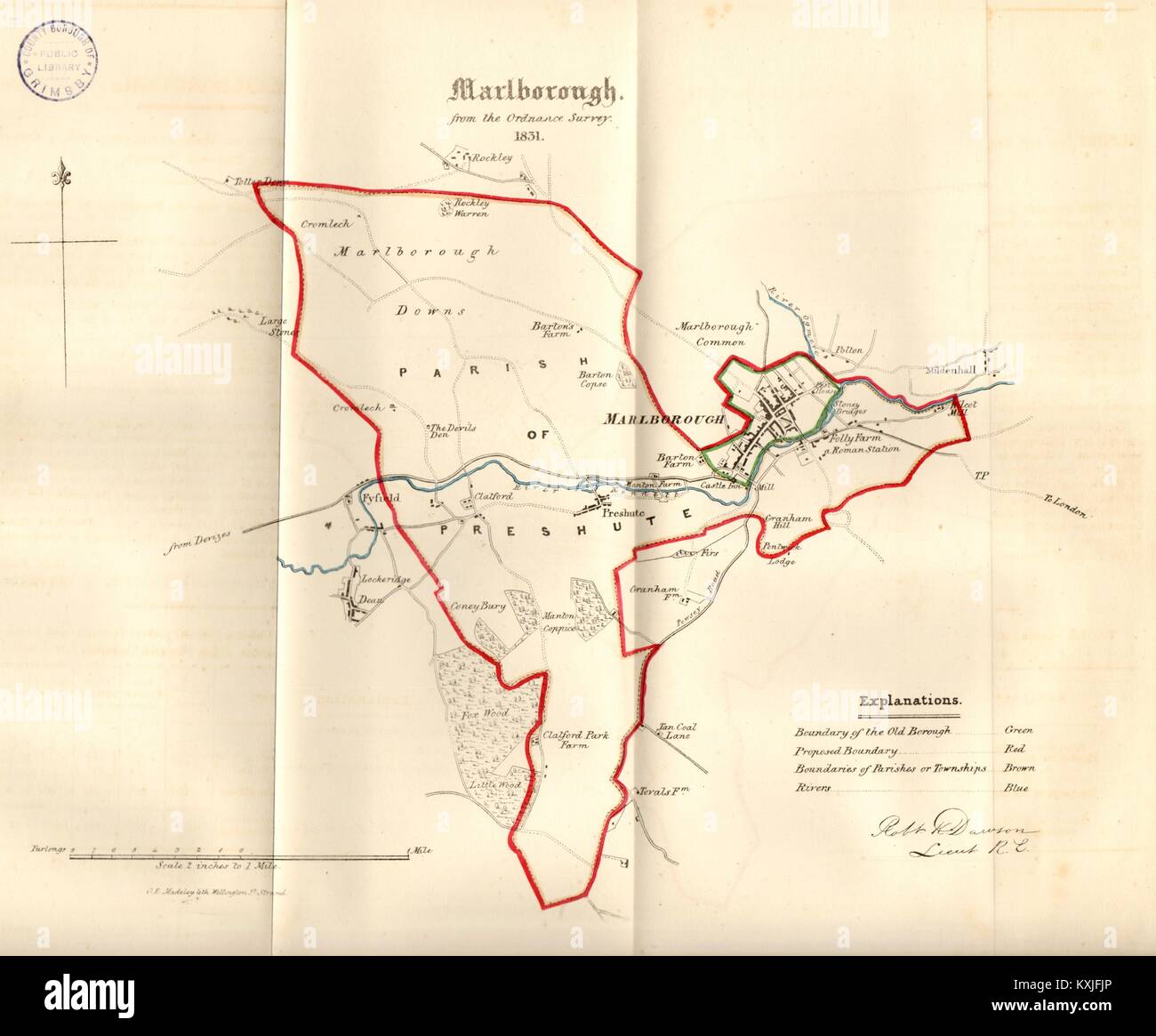 MARLBOROUGH town/piano di Borough. REFORM ACT. Lockeridge Wiltshire. DAWSON 1832 mappa Foto Stock
