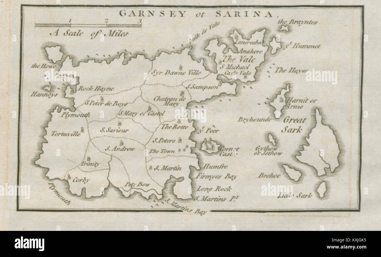 "Garnsey o Sarina" di John Cary. Guernsey, Isole del Canale. Piccola 1789 mappa Foto Stock