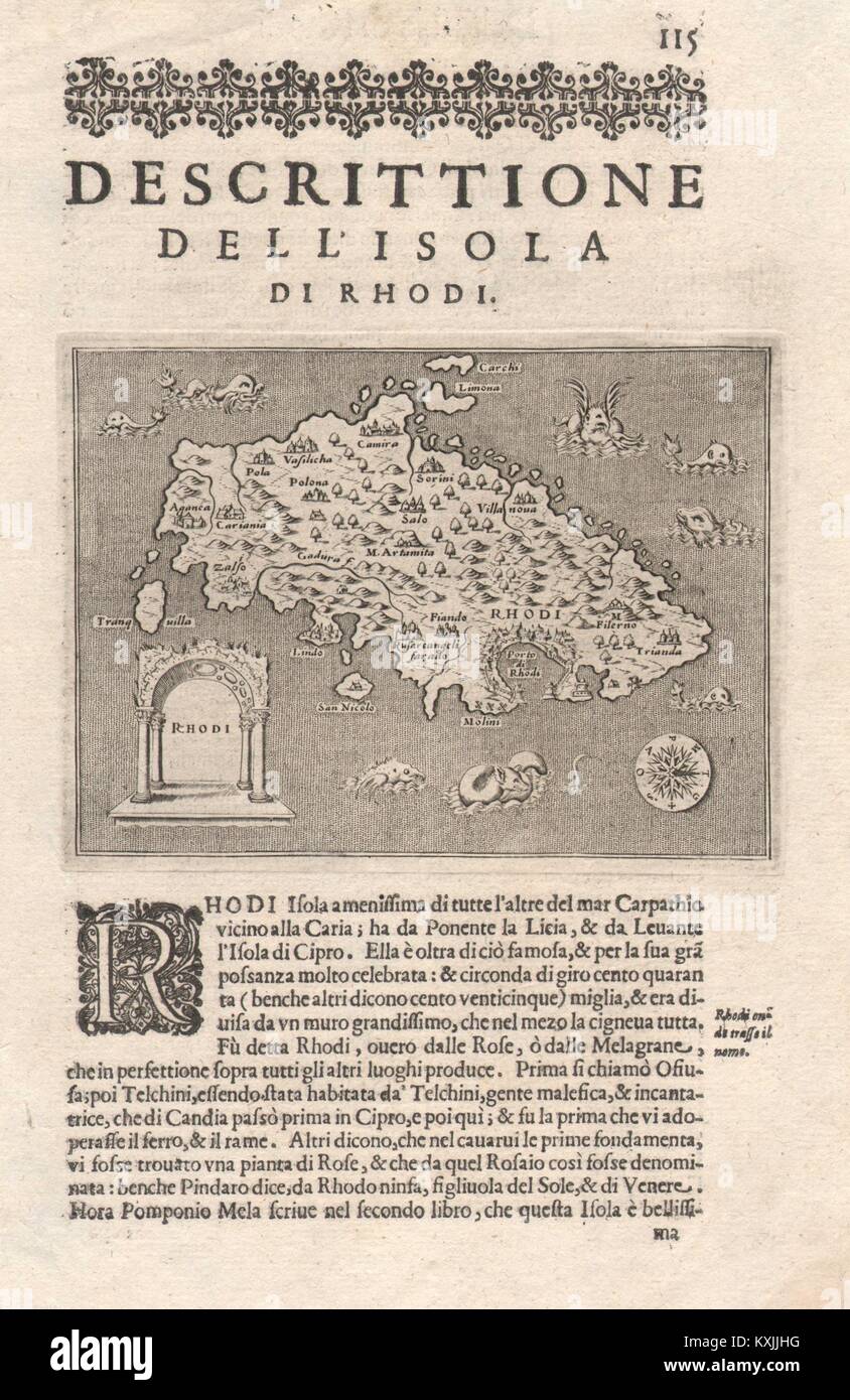 'Descrittione dell' Isola di Rhodi'. PORCACCHI. Rodi Dodecaneso 1620 mappa vecchia Foto Stock