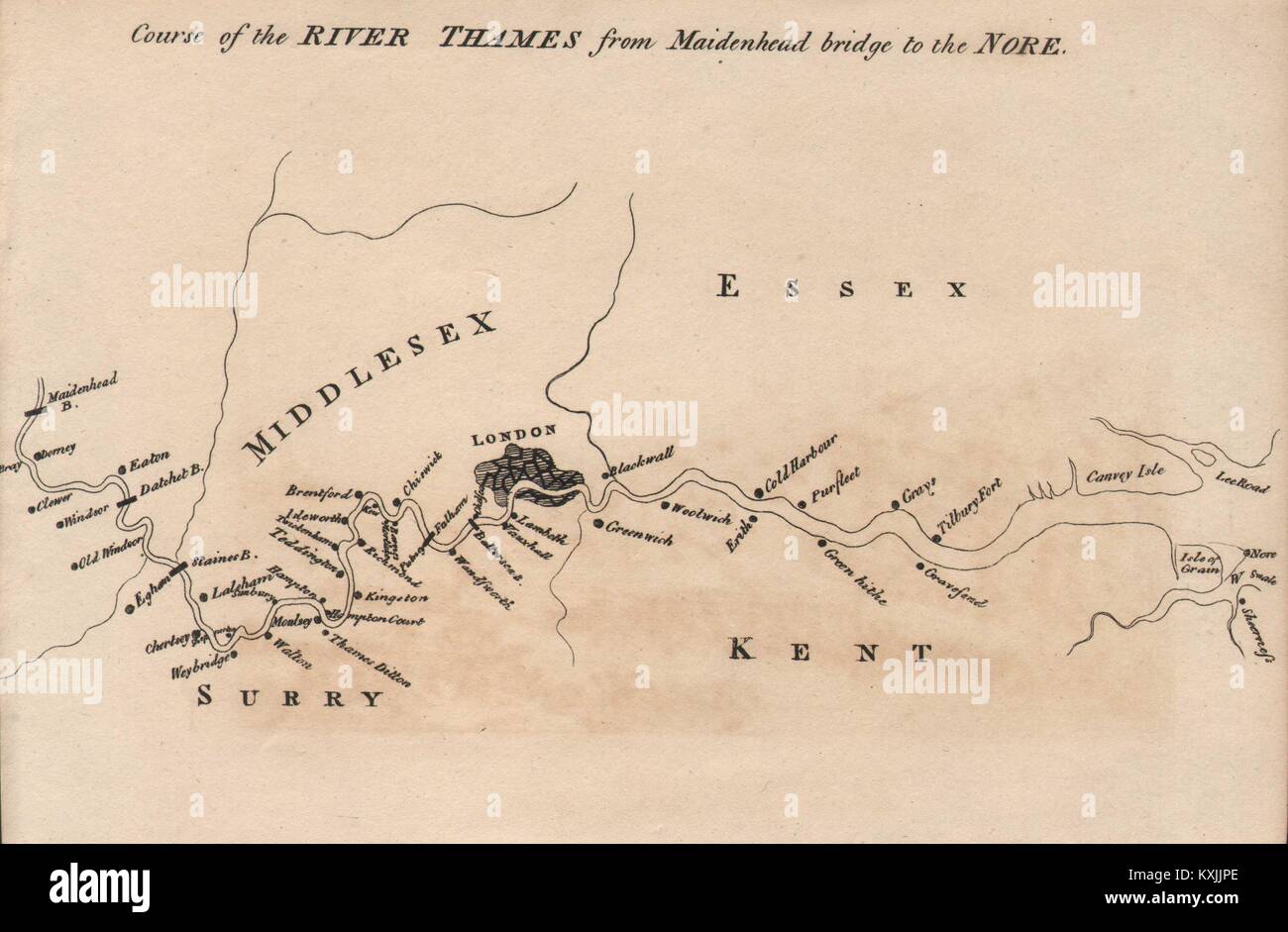 Corso del fiume Tamigi da Maidenhead bridge a Nore 1792 mappa vecchia Foto Stock