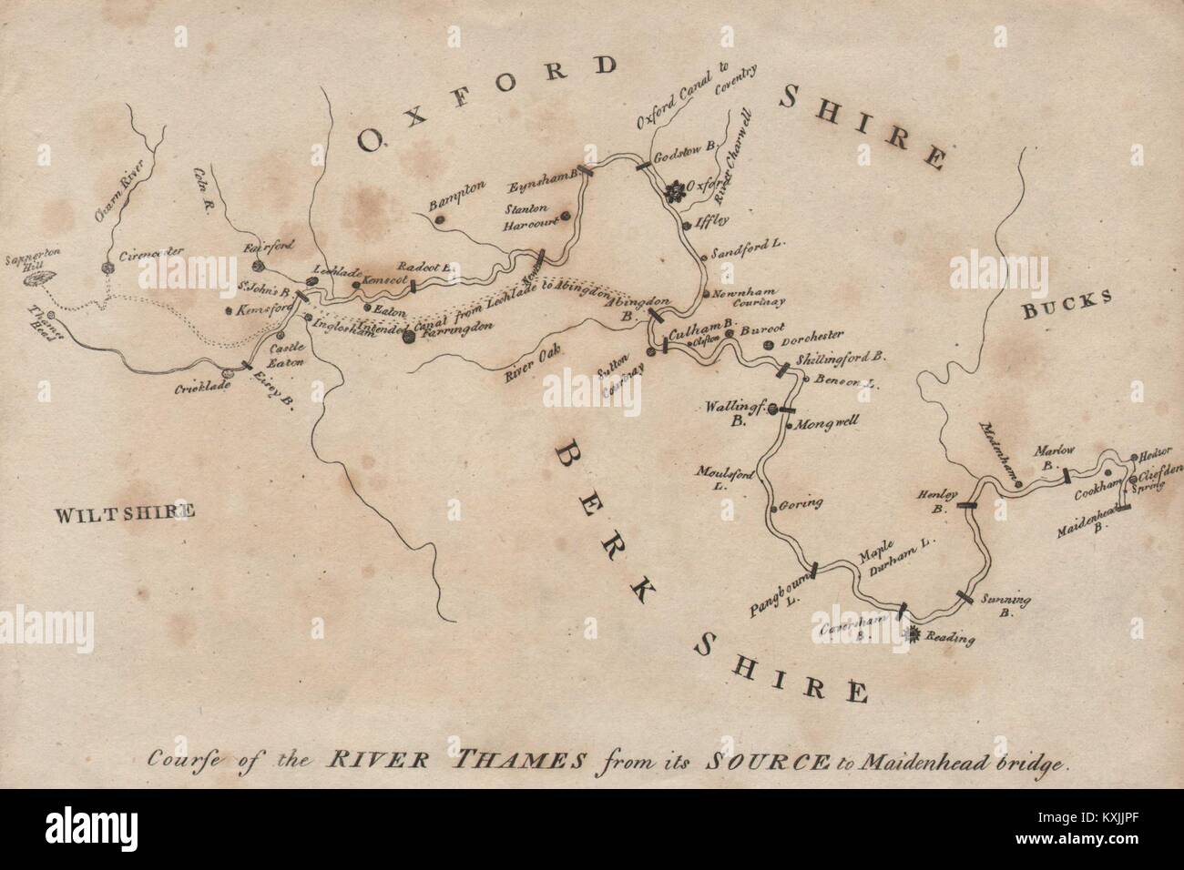 Corso del fiume Tamigi dalla sua fonte a Maidenhead Bridge 1792 mappa vecchia Foto Stock