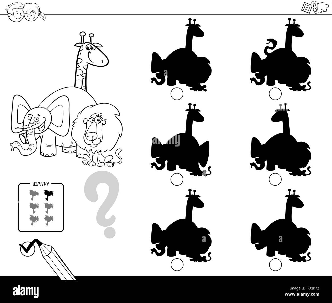 Bianco e Nero Cartoon illustrazione di trovare l'ombra senza differenze di attività educative per i bambini con animali selvatici la colorazione dei caratteri Illustrazione Vettoriale