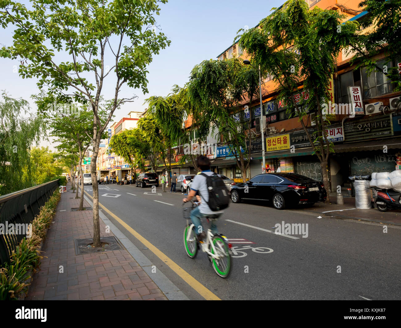 Seoul, Corea del Sud. L'uomo in sella ad una bicicletta su una piccola strada vicino a flusso Cheonggyecheon in Seoul. Foto Stock