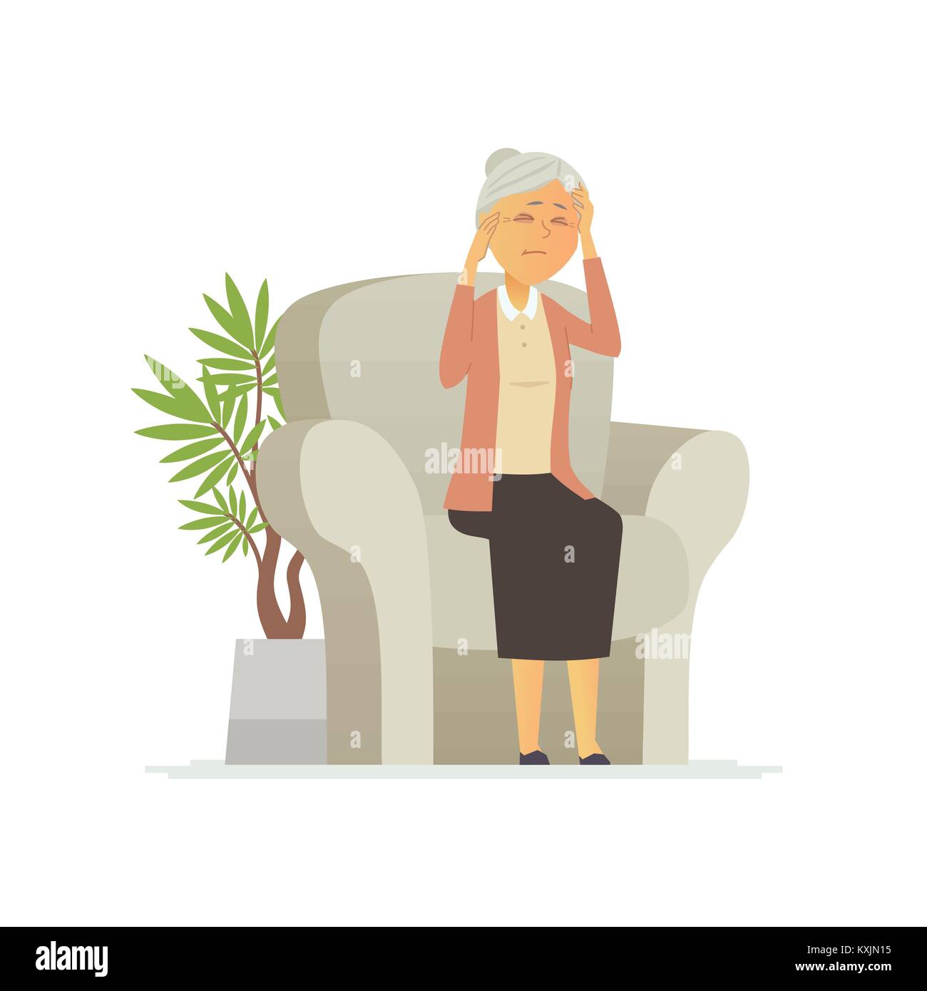 Senior donna con un mal di testa - cartoon persone caratteri illustrazione isolato Illustrazione Vettoriale
